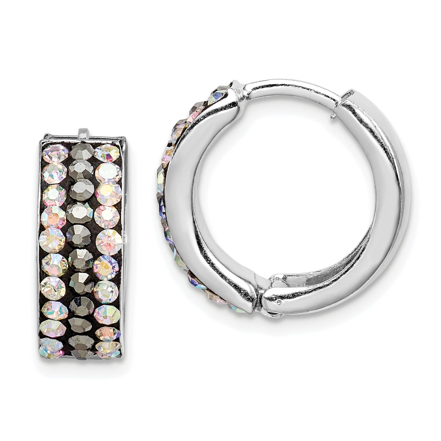 Sterling Silver Rhodium-Plated Grey/Rainbow Preciosa Hinged Hoop Earrings