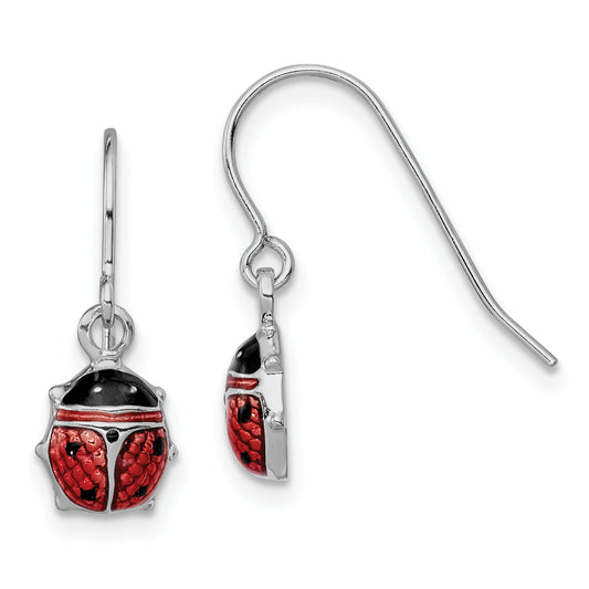 Sterling Silver Rhodium Enameled Ladybug Dangle Earrings