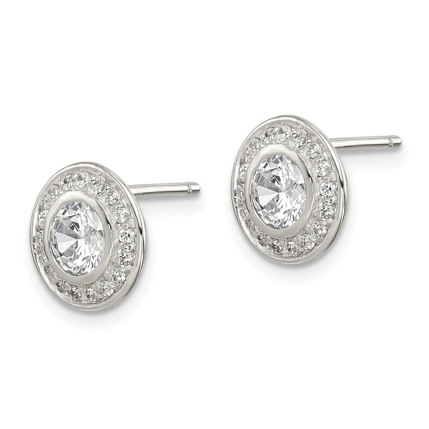 Sterling Silver Rhod-Plated Polished Pav Cz Halo Round Post Earrings