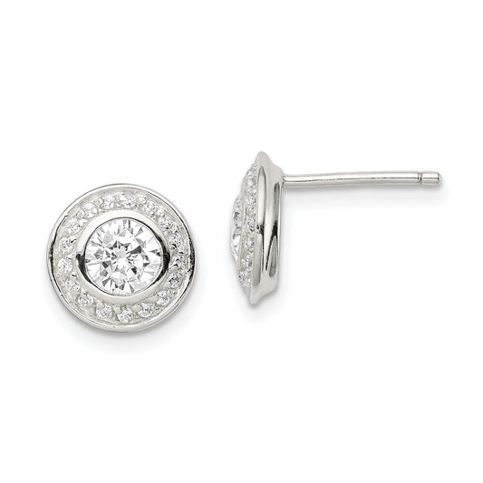 Sterling Silver Rhod-Plated Polished Pav Cz Halo Round Post Earrings