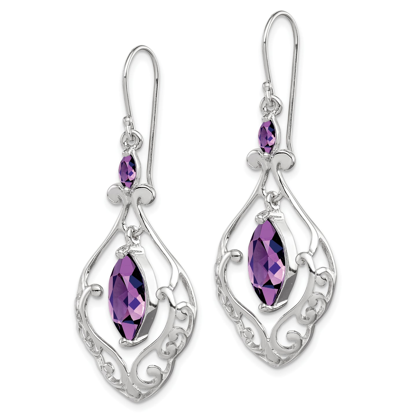 Sterling Silver Rhodium Plated Amethyst Fancy Dangle Earrings