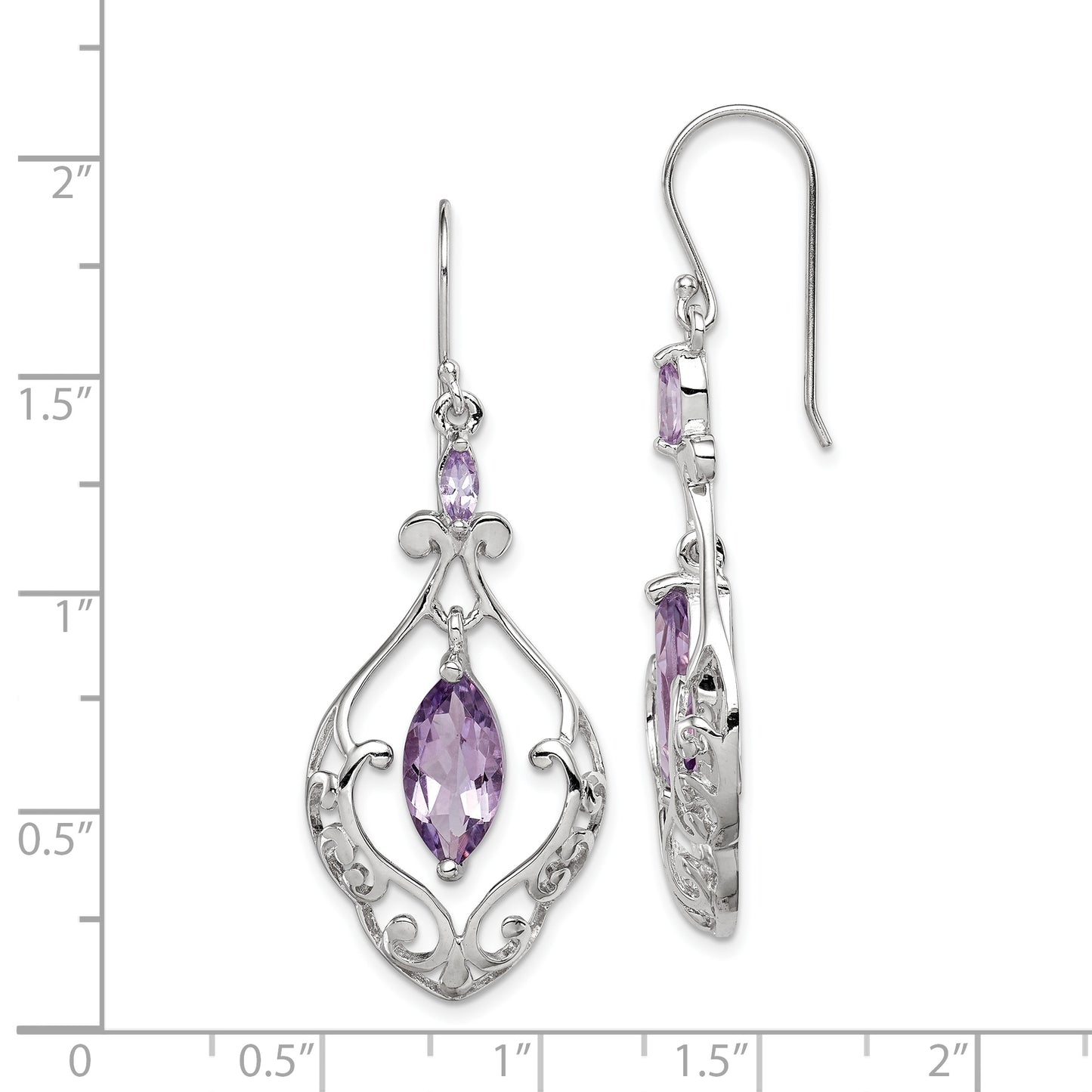 Sterling Silver Rhodium Plated Amethyst Fancy Dangle Earrings