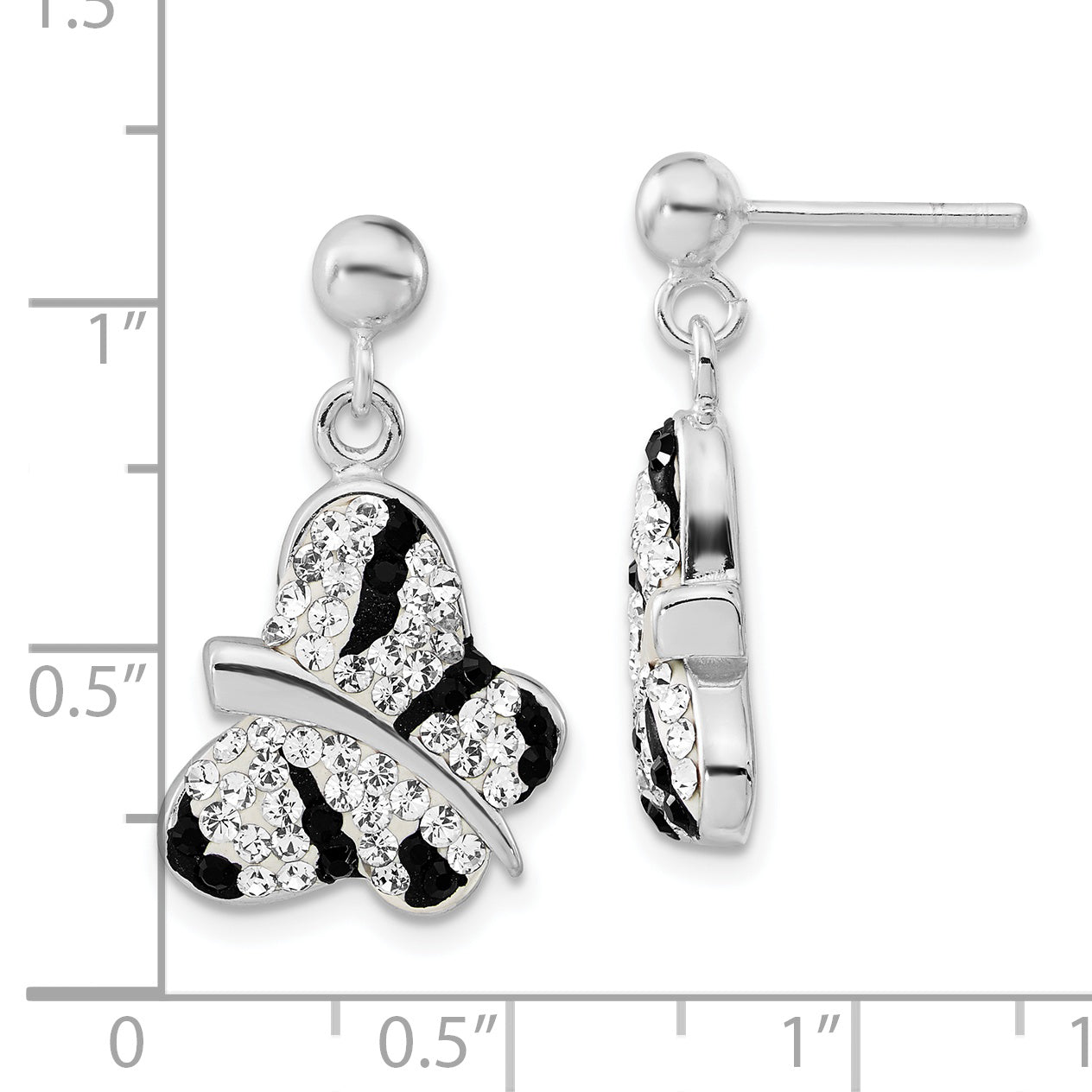 Sterling Silver Stellux Crystal Black & White Animal Print Butterfly Post Dangle Earrings