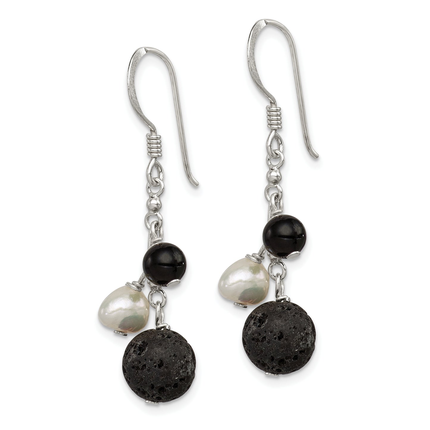 Sterling Silver Polished Fwc Pearl/Black Agate/Lava Rock Dangle Earrings