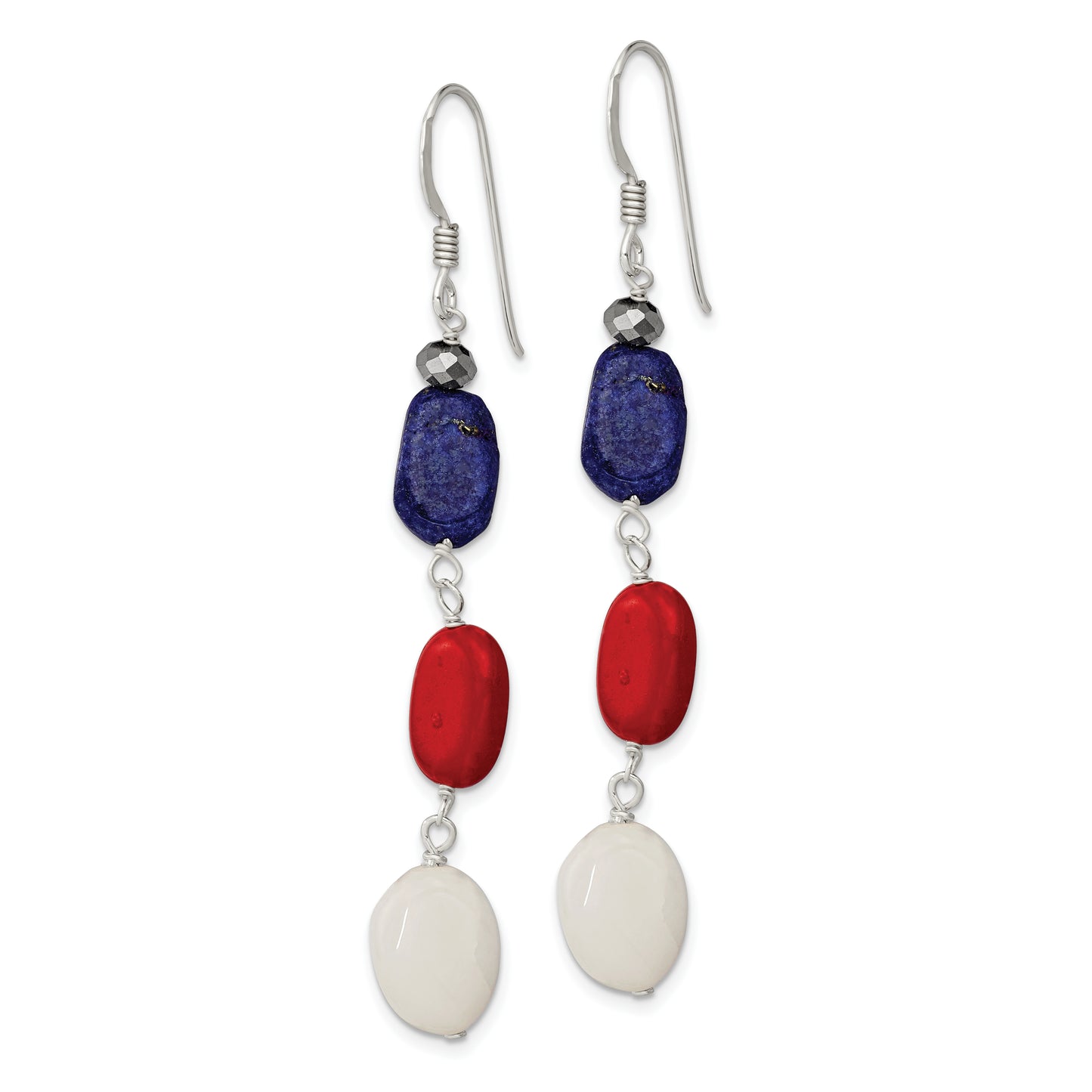 Sterling Silver Polished Red Coral/Crystal/White Jade/Lapis Dangle Earrings