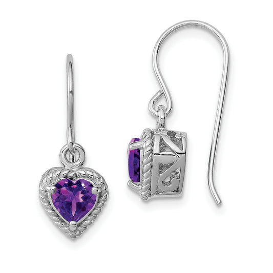 Sterling Silver Rhodium Plated Amethyst Small Heart Earrings