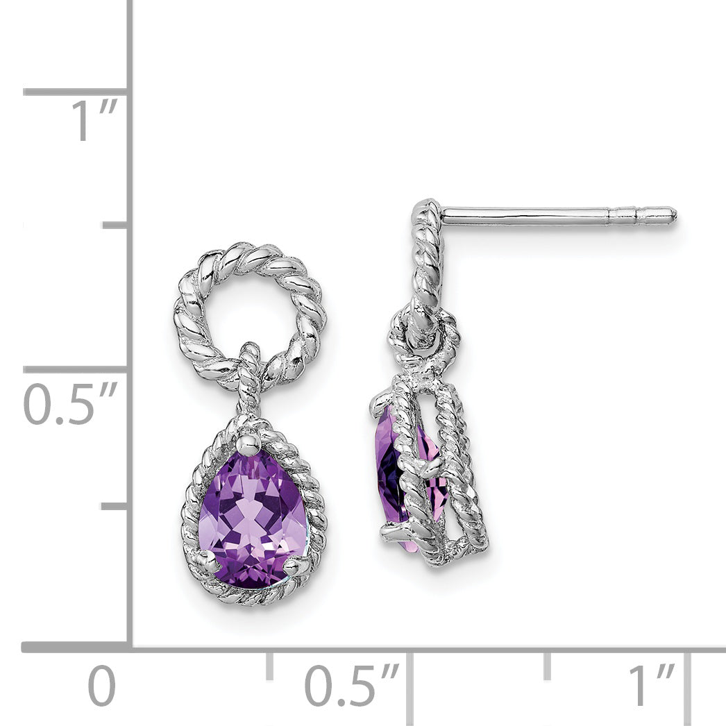 Sterling Silver Rhodium Plated Amethyst Pear Twisted Earrings