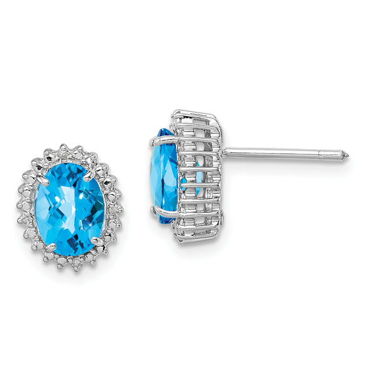 Sterling Silver Rhodium-Plated Blue Topaz And Diamond Earrings