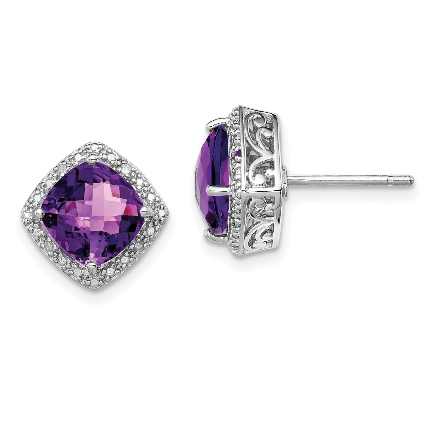 Sterling Silver Rhodium-Plated Amethyst And Diamond Earrings