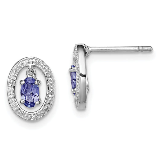 Sterling Silver Rhodium Plated Diamond & Tanzanite Oval Post Earrings