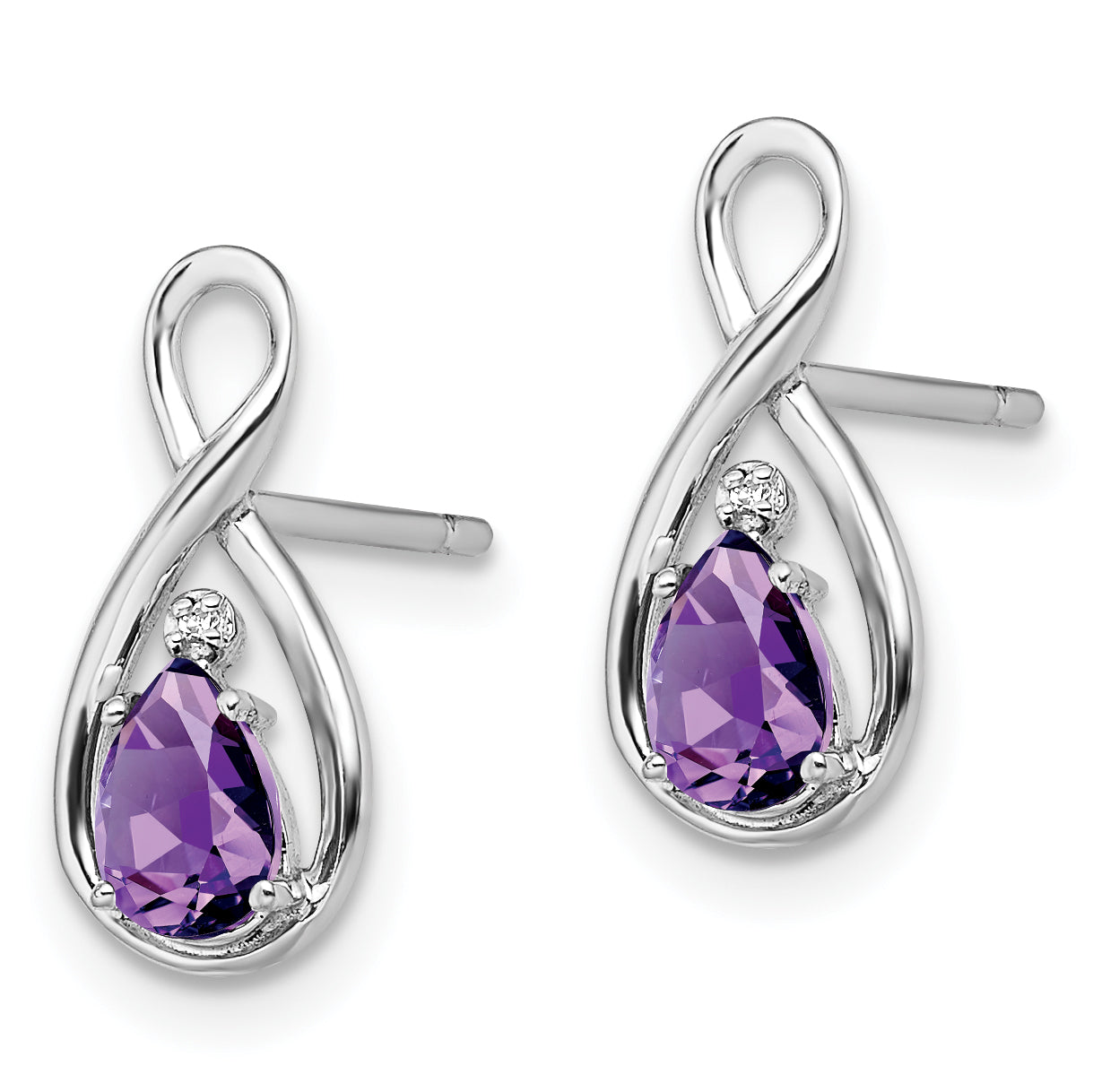 Sterling Silver Rhodium Plated Diamond And Amethyst Post Earrings