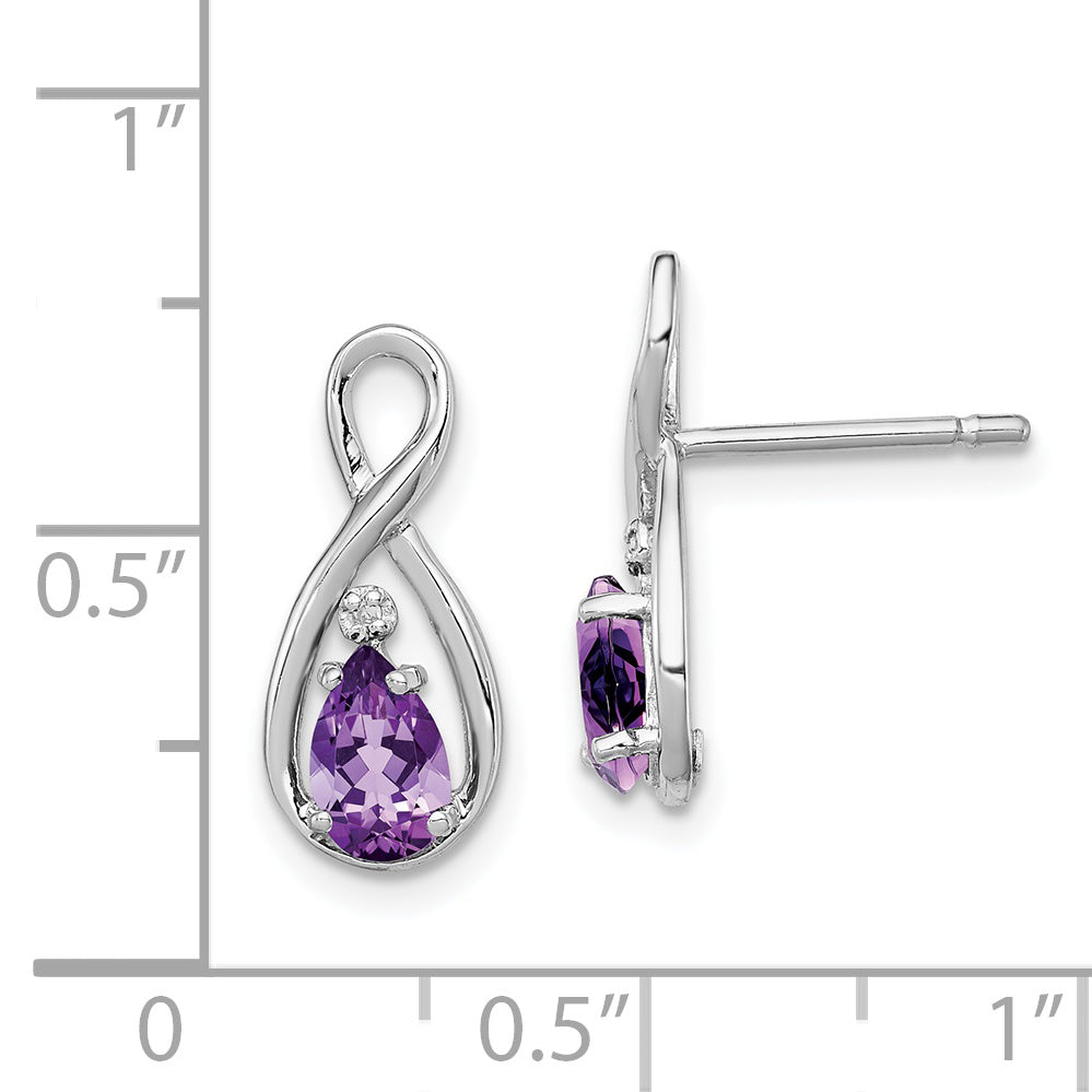 Sterling Silver Rhodium Plated Diamond And Amethyst Post Earrings