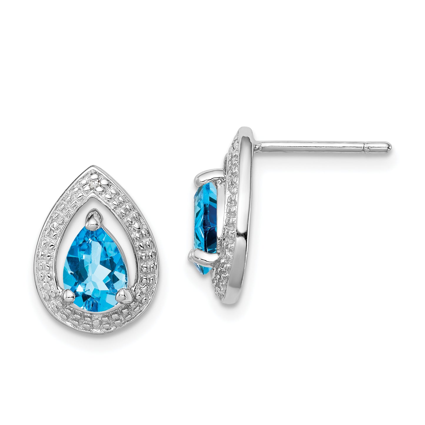 Sterling Silver Rhodium Plated Diamond Blue Topaz Post Earrings