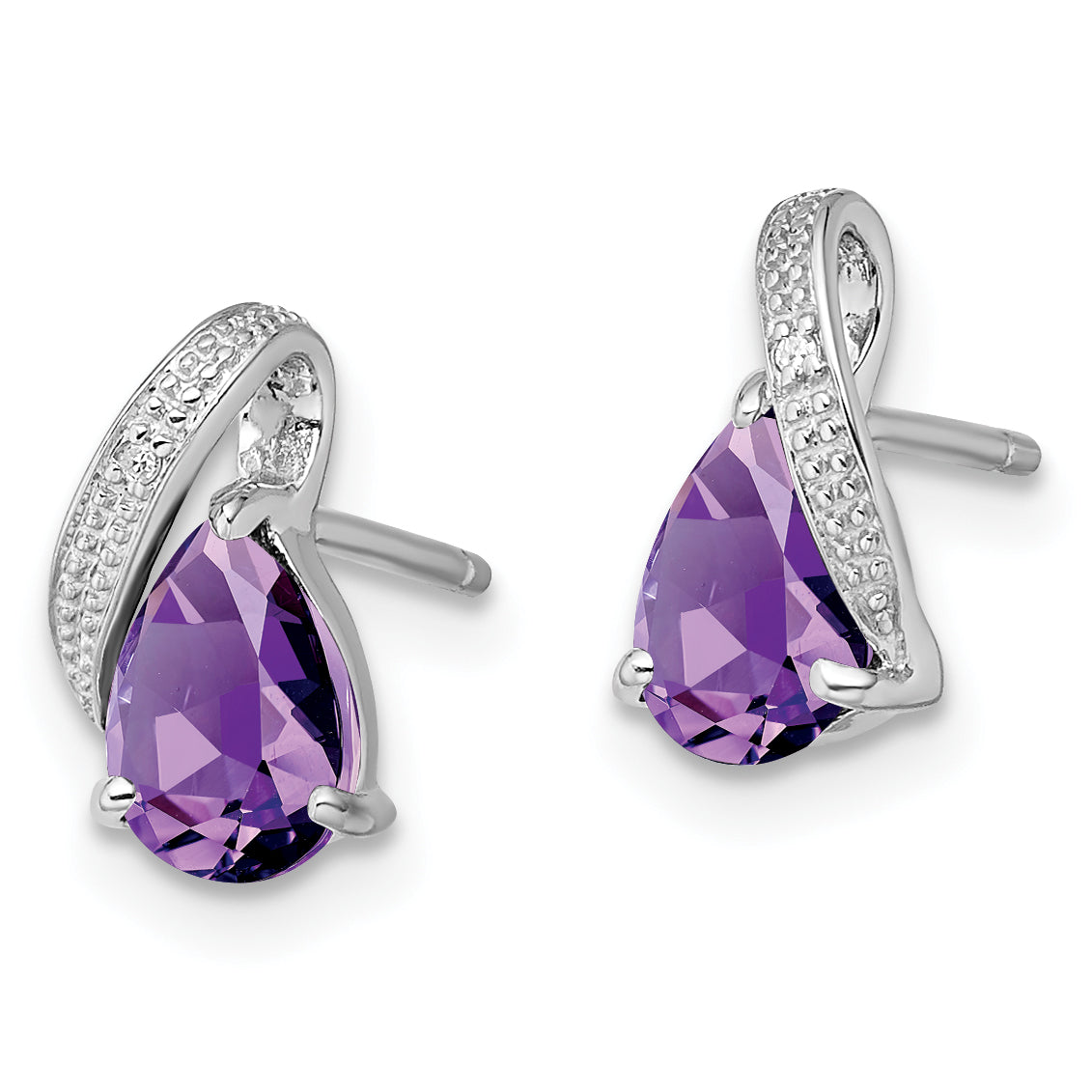 Sterling Silver Rhodium Plated Diamond And Amethyst Post Earrings