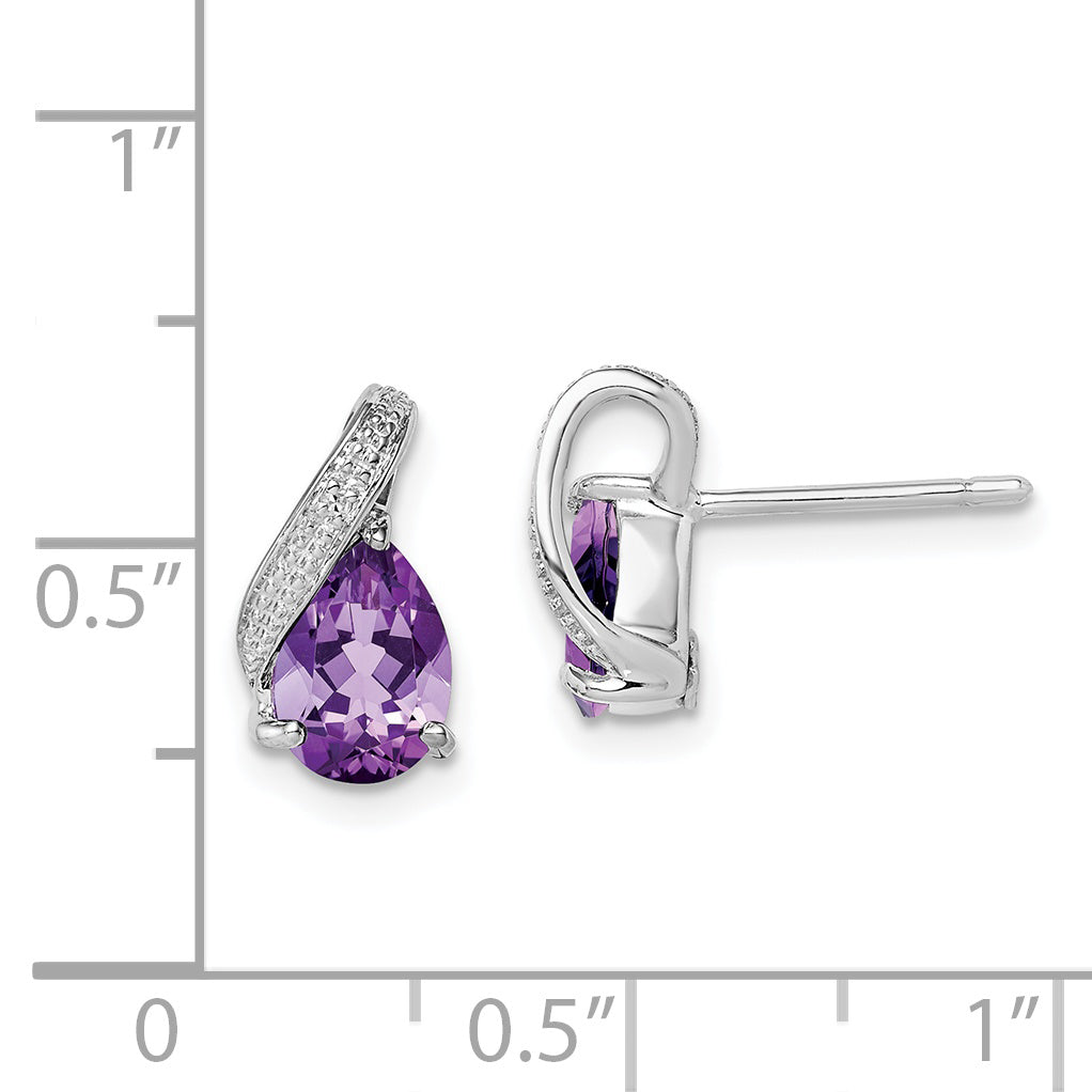 Sterling Silver Rhodium Plated Diamond And Amethyst Post Earrings