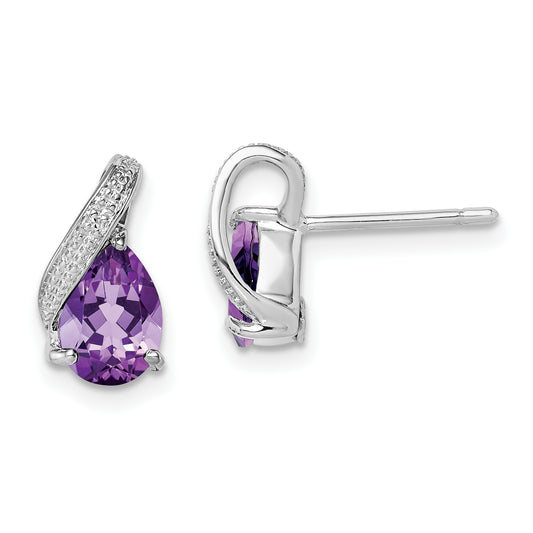 Sterling Silver Rhodium Plated Diamond And Amethyst Post Earrings