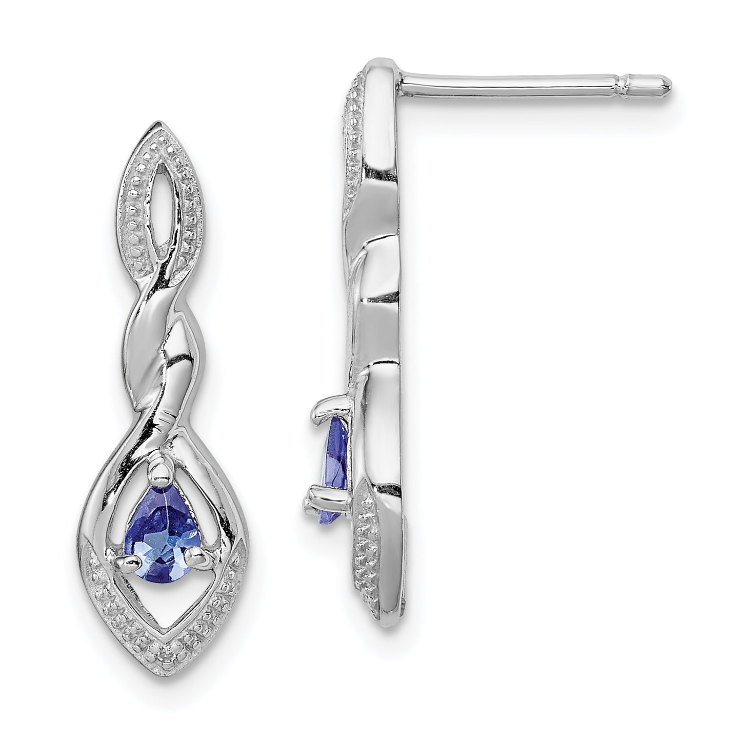 Sterling Silver Rhodium Plated Diamond And Tanzanite Post Earrings