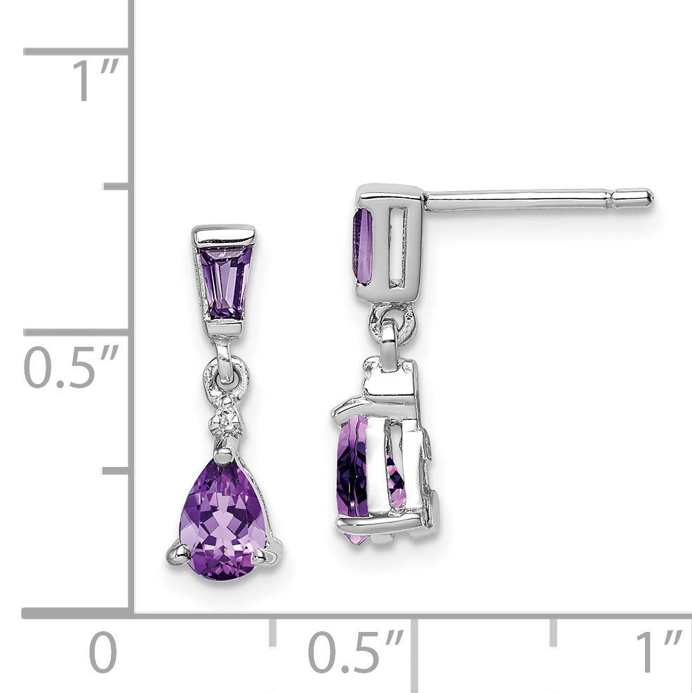 Sterling Silver Rhodium Plated Diamond And Amethyst Post Earrings