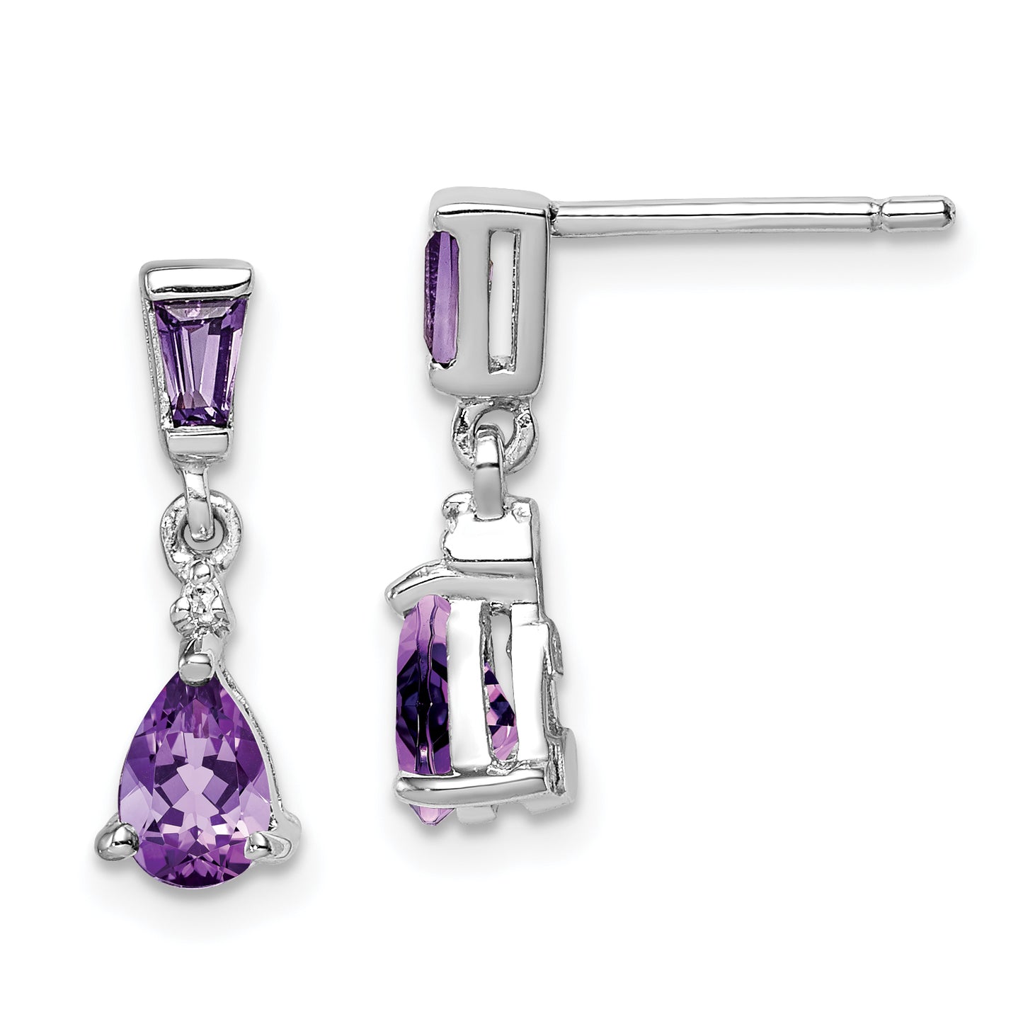 Sterling Silver Rhodium Plated Diamond And Amethyst Post Earrings