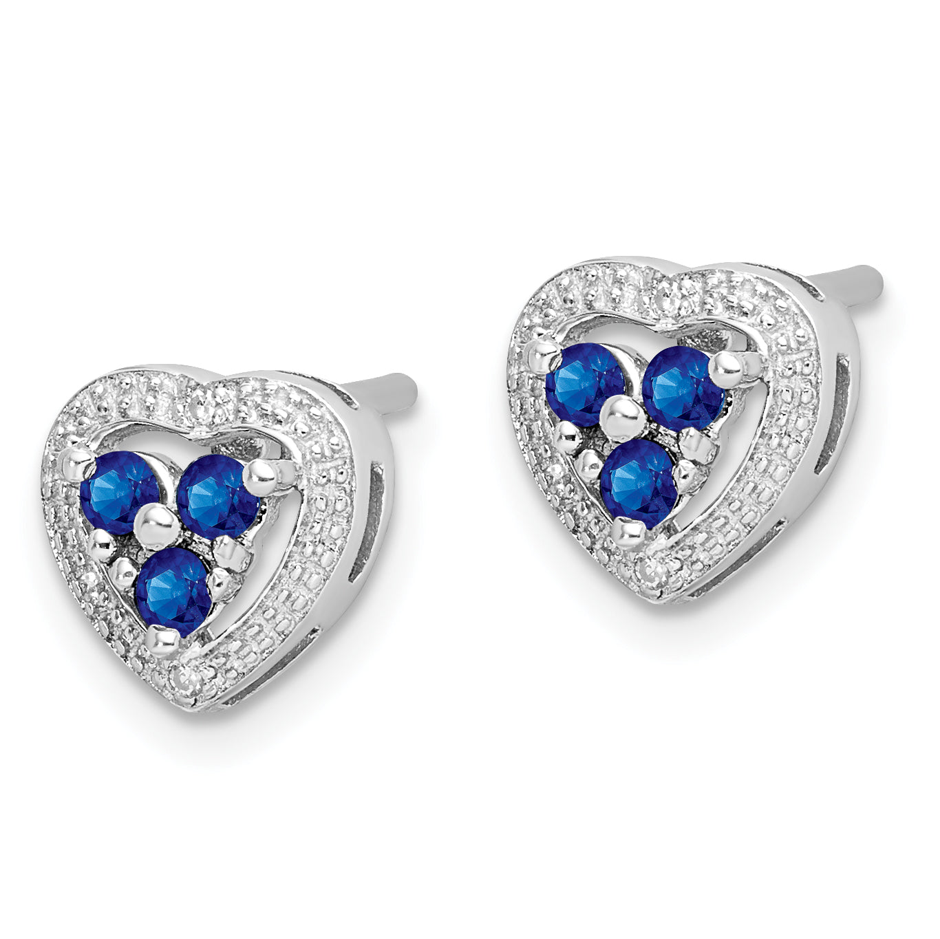 Sterling Silver Rhodium Plated Diamond & Sapphire Heart Earrings