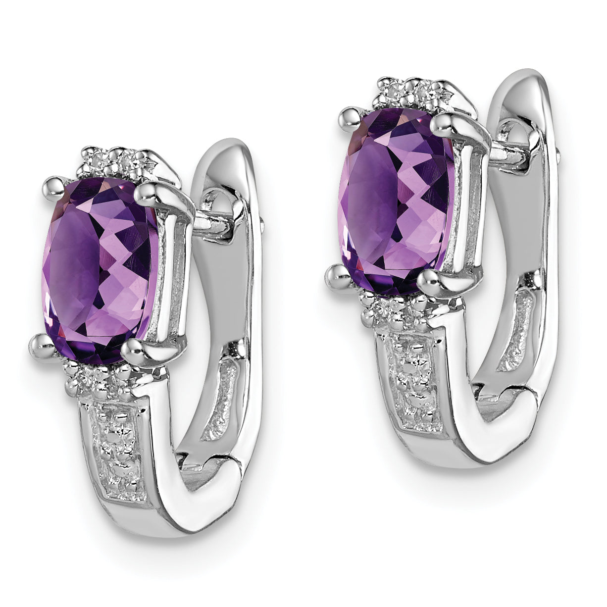 Sterling Silver Rh Plated Diamond And Amethyst Hinged Hoop Earrings