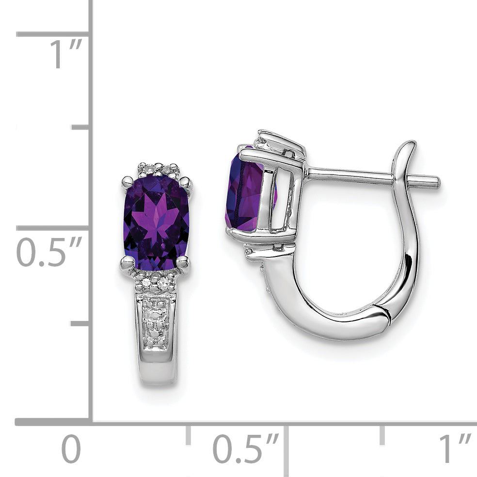 Sterling Silver Rh Plated Diamond And Amethyst Hinged Hoop Earrings