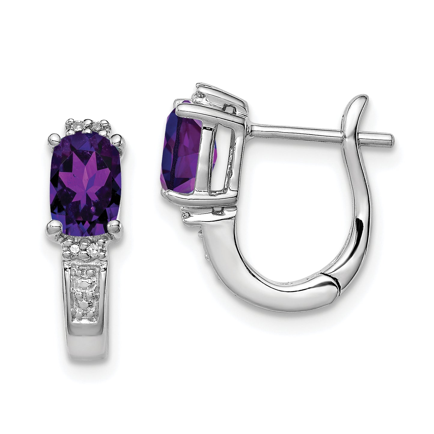 Sterling Silver Rh Plated Diamond And Amethyst Hinged Hoop Earrings