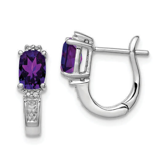 Sterling Silver Rh Plated Diamond And Amethyst Hinged Hoop Earrings