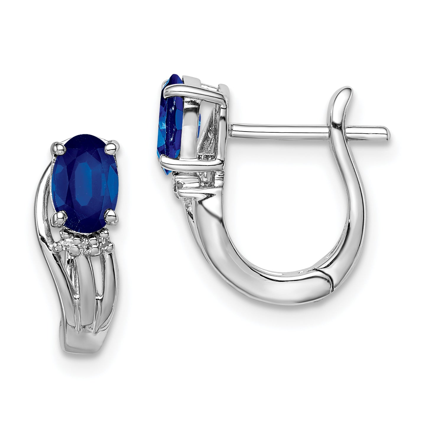 Sterling Silver Rhodium Plated Diamond & Sapphire Hinged Earrings