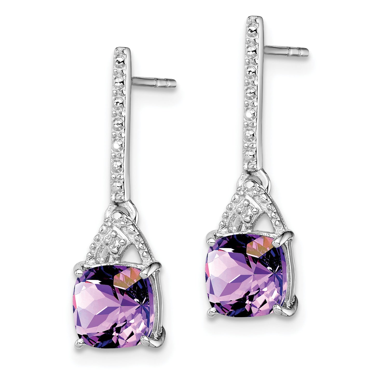 Sterling Silver Rhodium Plated Diamond And Amethyst Post Earrings