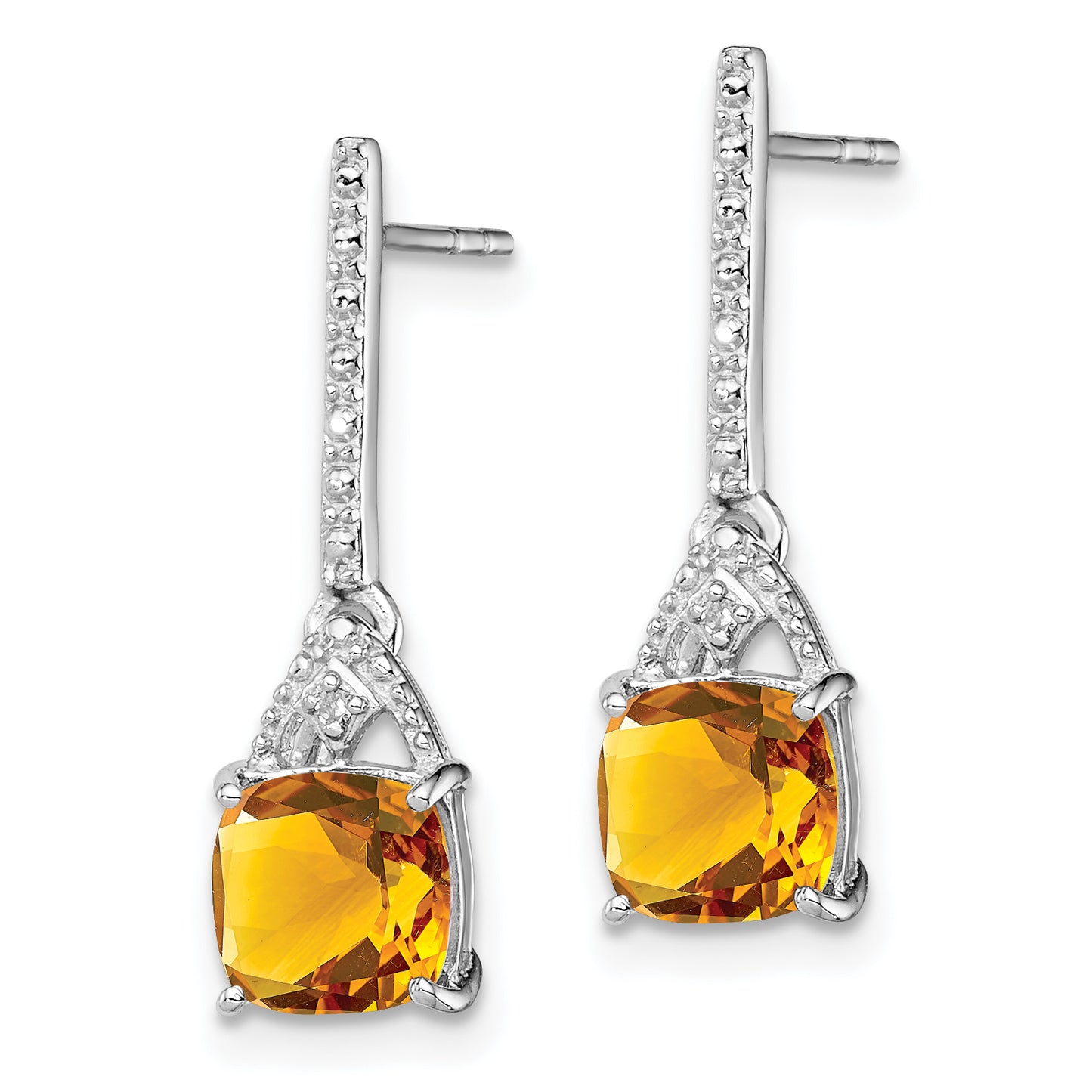 Sterling Silver Rhodium Plated Diamond And Citrine Post Earrings