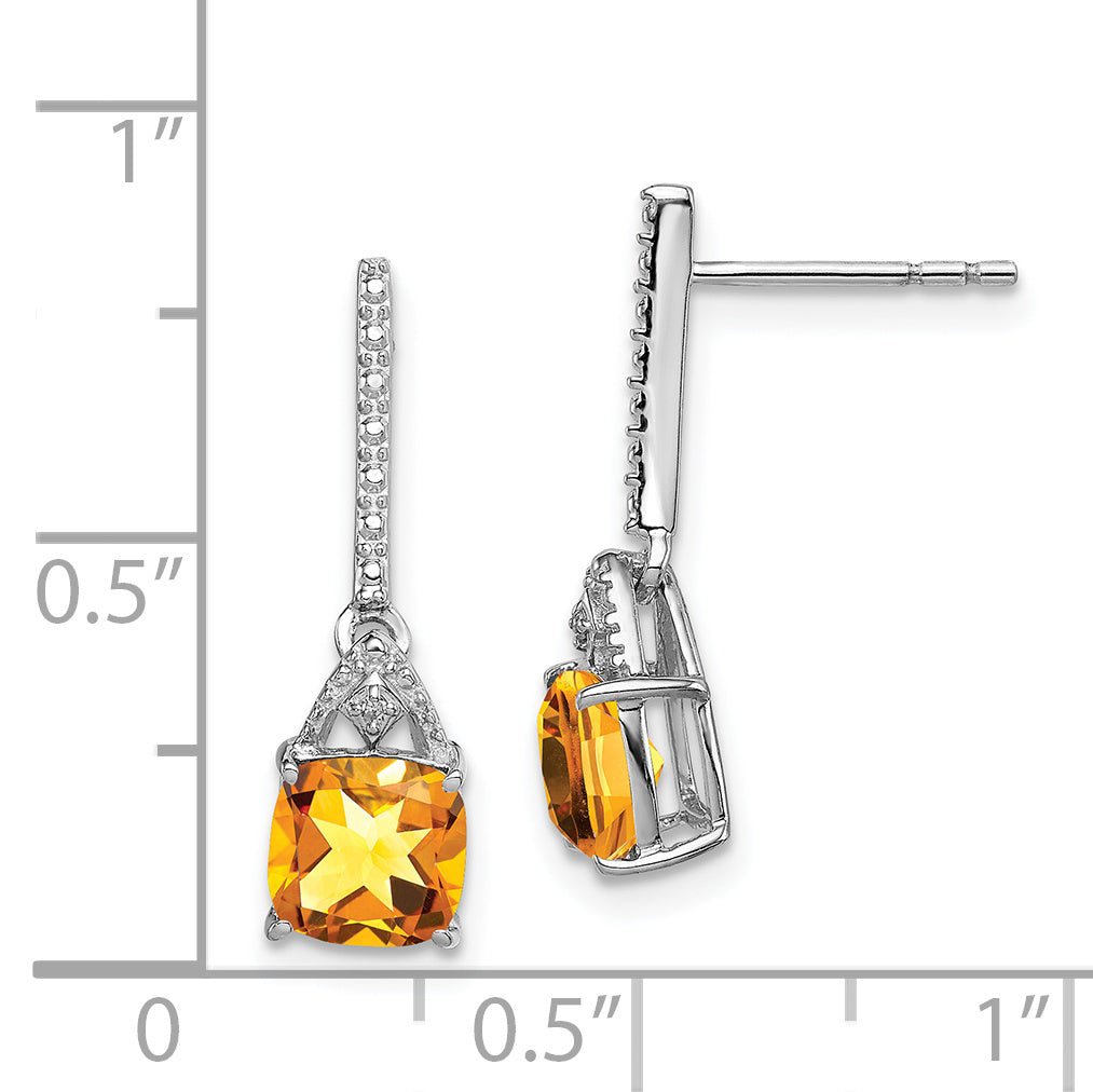 Sterling Silver Rhodium Plated Diamond And Citrine Post Earrings