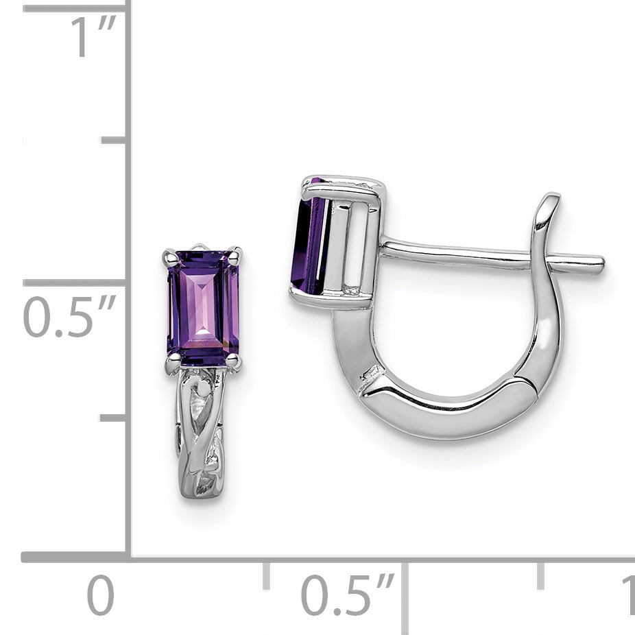 Sterling Silver Rhodium Plated Amethyst Hinged Hoop Earrings