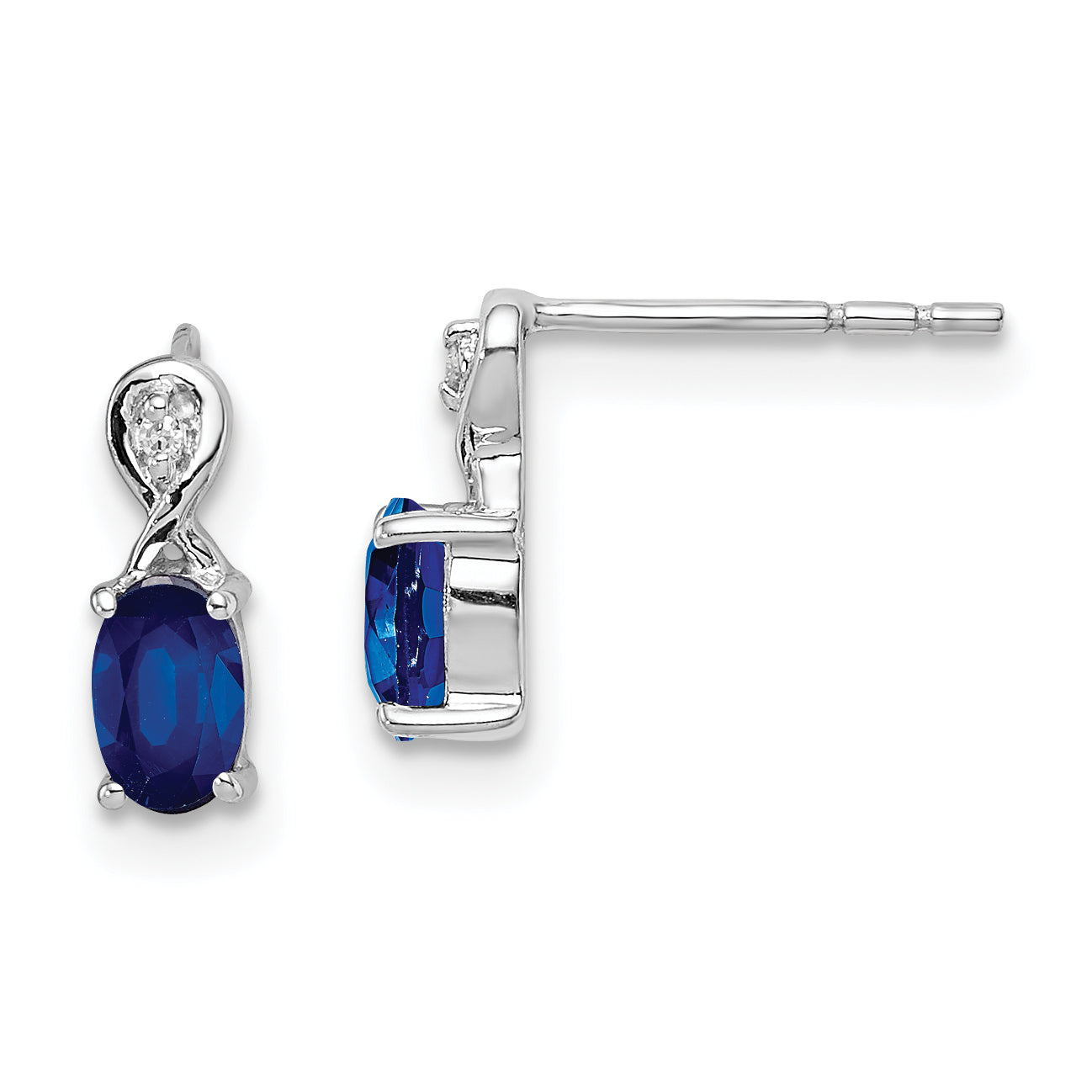 Sterling Silver Rhodium Plated Diamond & Sapphire Oval Post Earrings