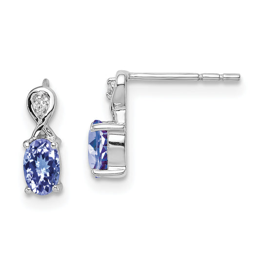 Sterling Silver Rhodium Plated Diamond & Tanzanite Oval Post Earrings