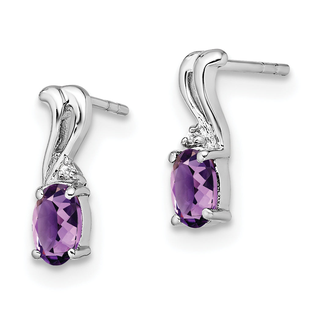 Sterling Silver Rhodium Plated Diamond And Amethyst Oval Post Earrings