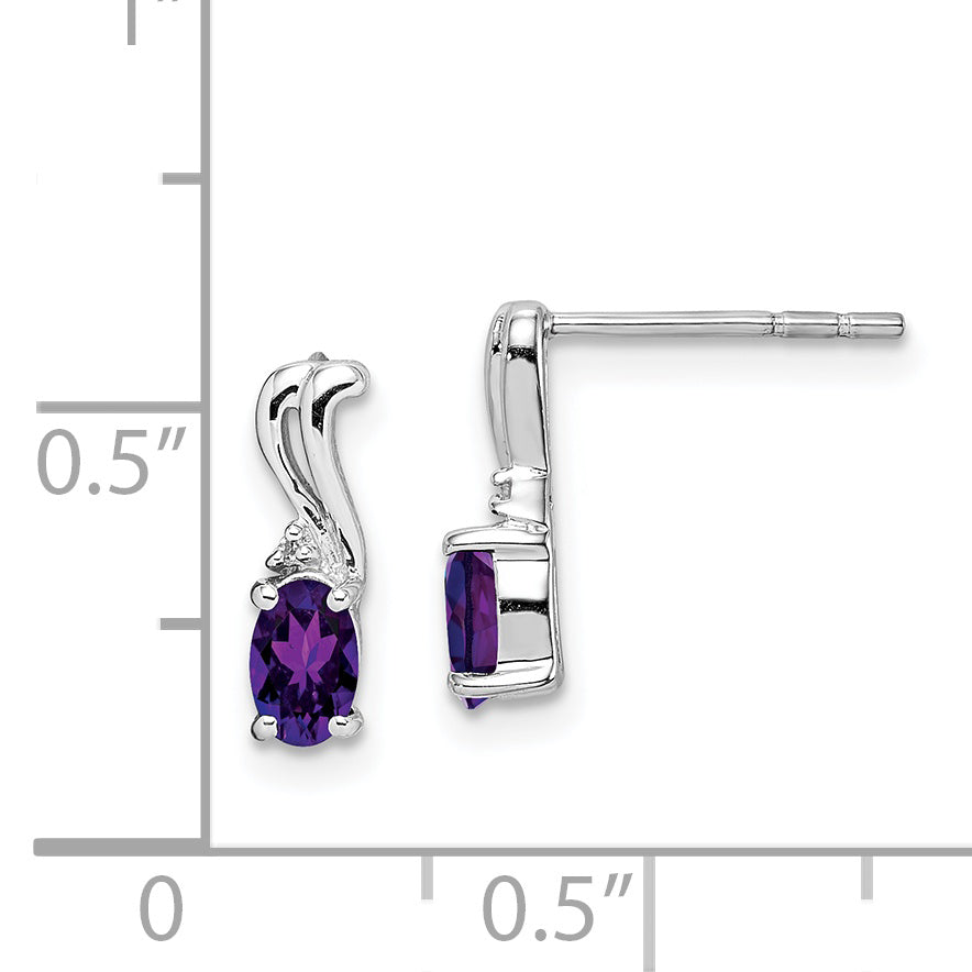 Sterling Silver Rhodium Plated Diamond And Amethyst Oval Post Earrings