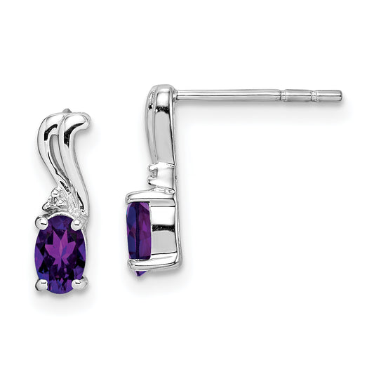 Sterling Silver Rhodium Plated Diamond And Amethyst Oval Post Earrings