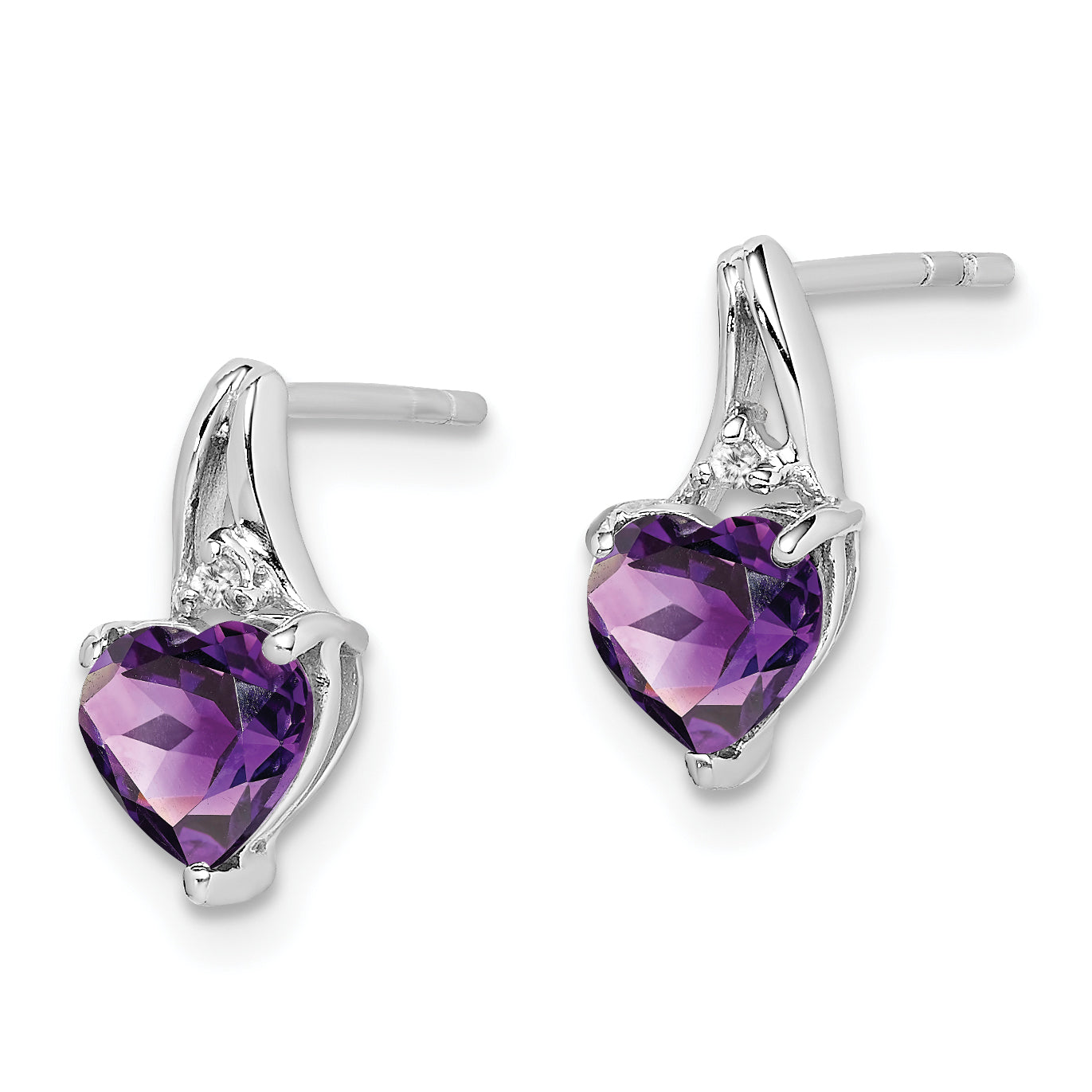 Sterling Silver Rhodium Plated Diamond And Amethyst Heart Post Earrings