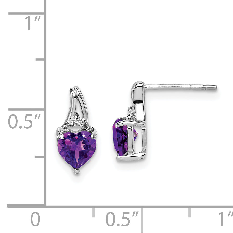 Sterling Silver Rhodium Plated Diamond And Amethyst Heart Post Earrings