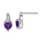 Sterling Silver Rhodium Plated Diamond And Amethyst Heart Post Earrings