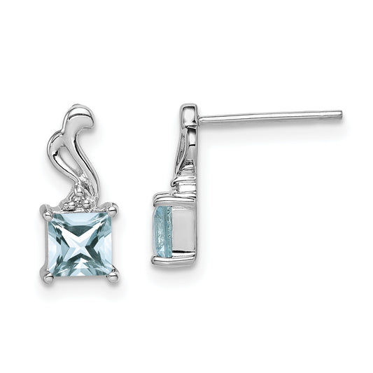 Sterling Silver Rhodium Plated Dia. Aquamarine Square Post Earrings