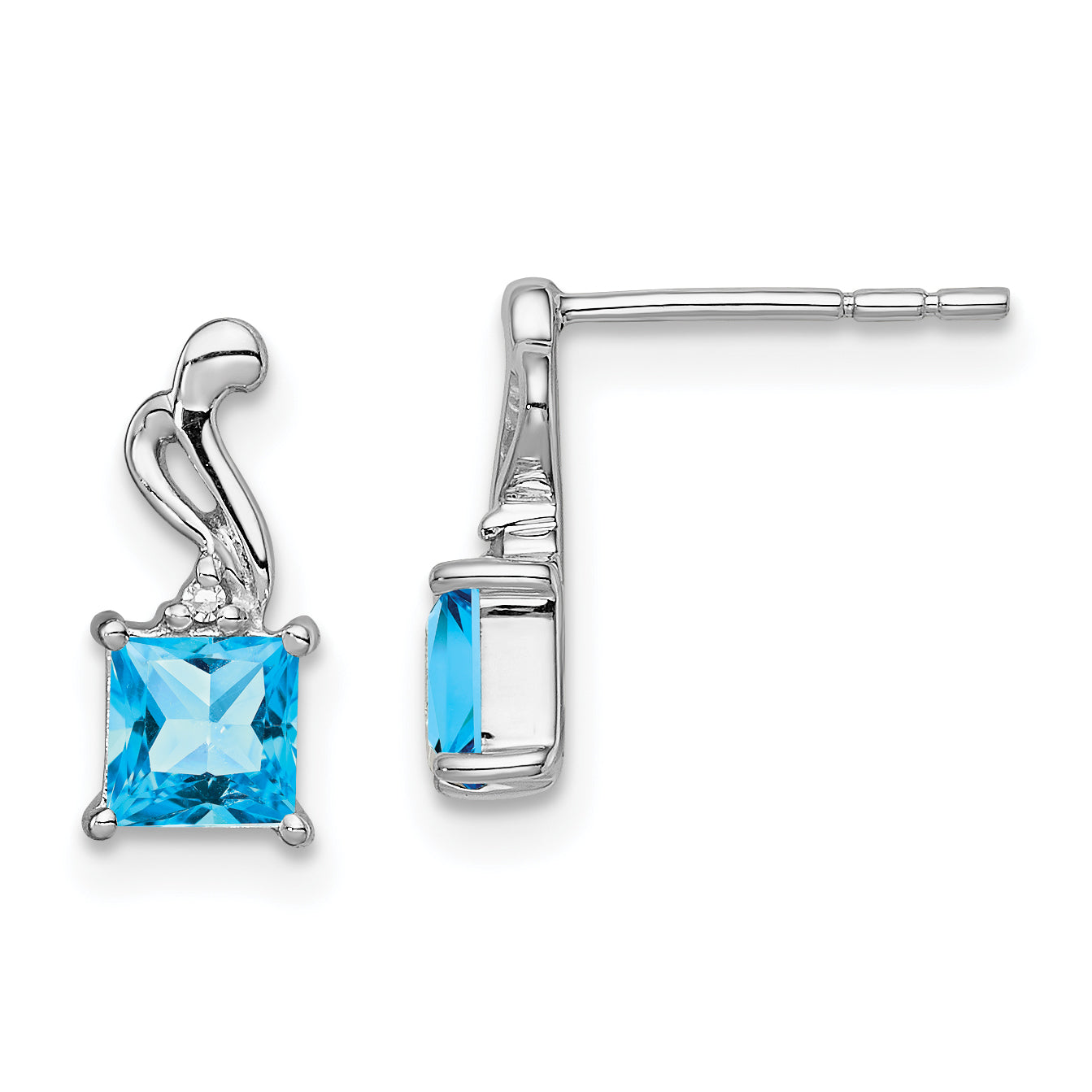 Sterling Silver Rhodium Plated Diamond And Blue Topaz Square Earrings