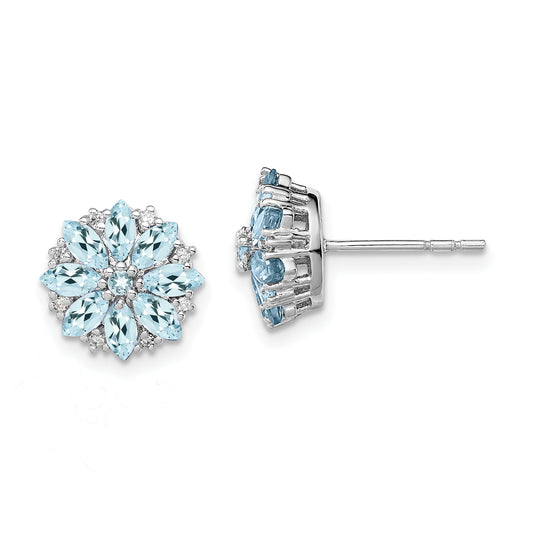 Sterling Silver Rhodium-Plated Diamond & Aquamarine Earrings