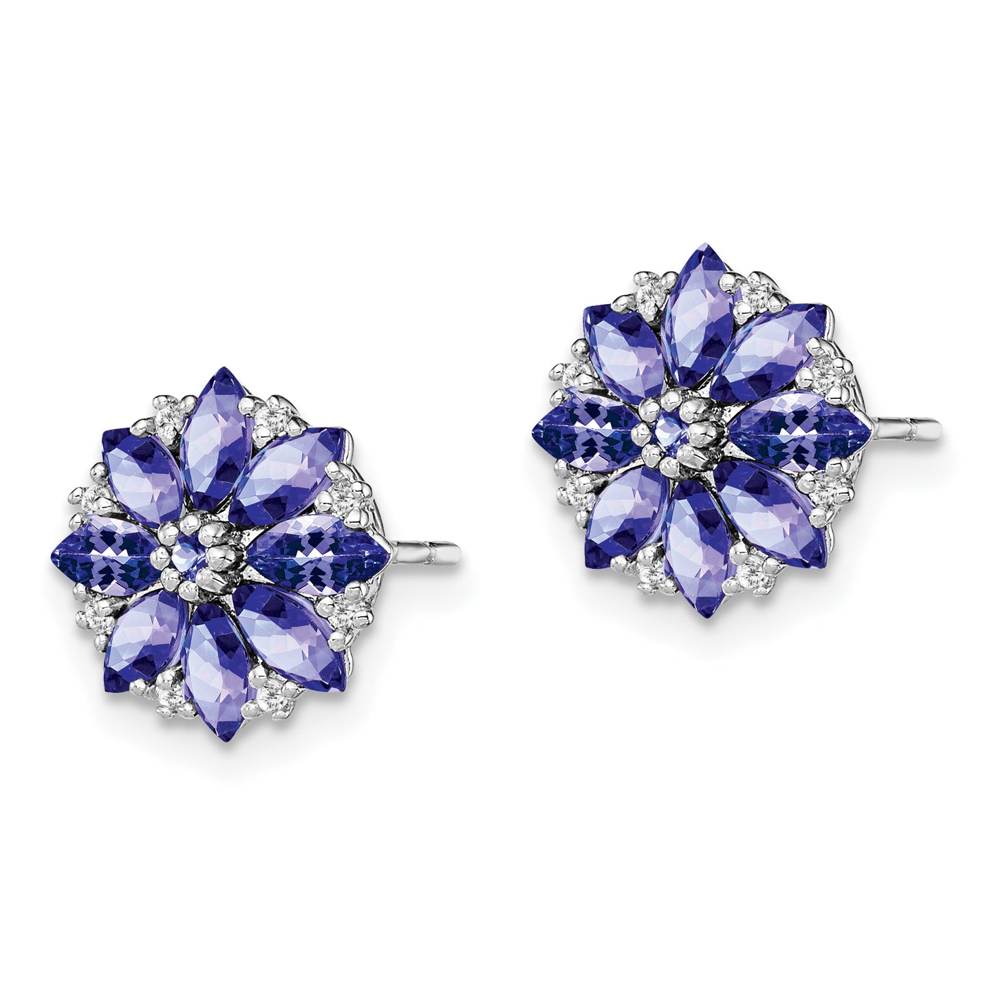 Sterling Silver Rhodium Plated Diamond & Tanzanite Post Earrings