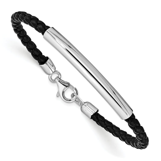 7 Inch Sterling Silver Rhodium-Plated Braided Black Leather Bracelet