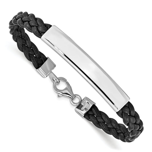 7 Inch Sterling Silver Rhodium-Plated Black Braided Leather Bracelet