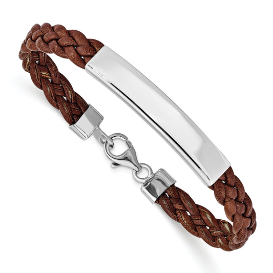 7 Inch Sterling Silver Rhodium-Plated Brown Braided Leather Bracelet