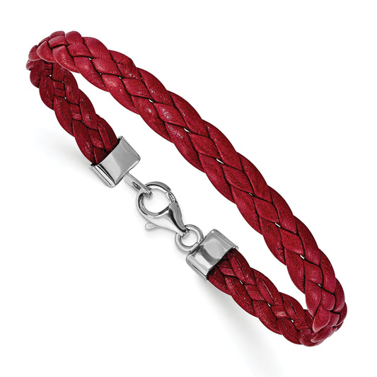 Sterling Silver Rhodium Plated Red Braided Leather 7 Inch Bracelet