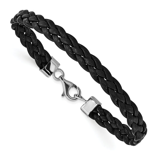 7 Inch Sterling Silver Rhodium-Plated Black Braided Leather Bracelet